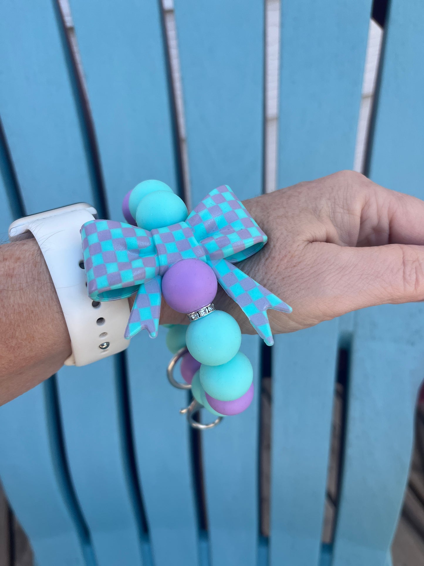 Ice Blue & Purple Check Bow 19mm Wristlet Keychain