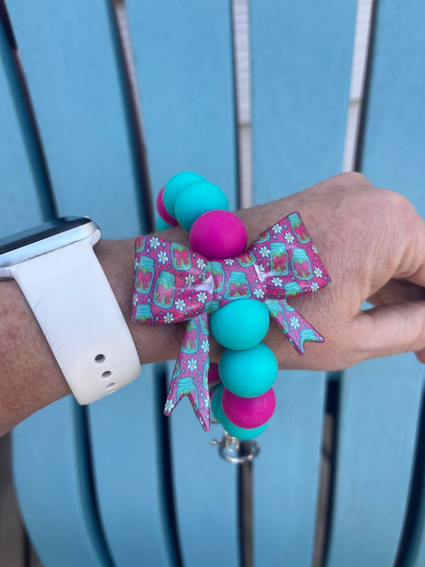 Pickle Fuschia & Turquoise Bow 19mm Wristlet Keychain