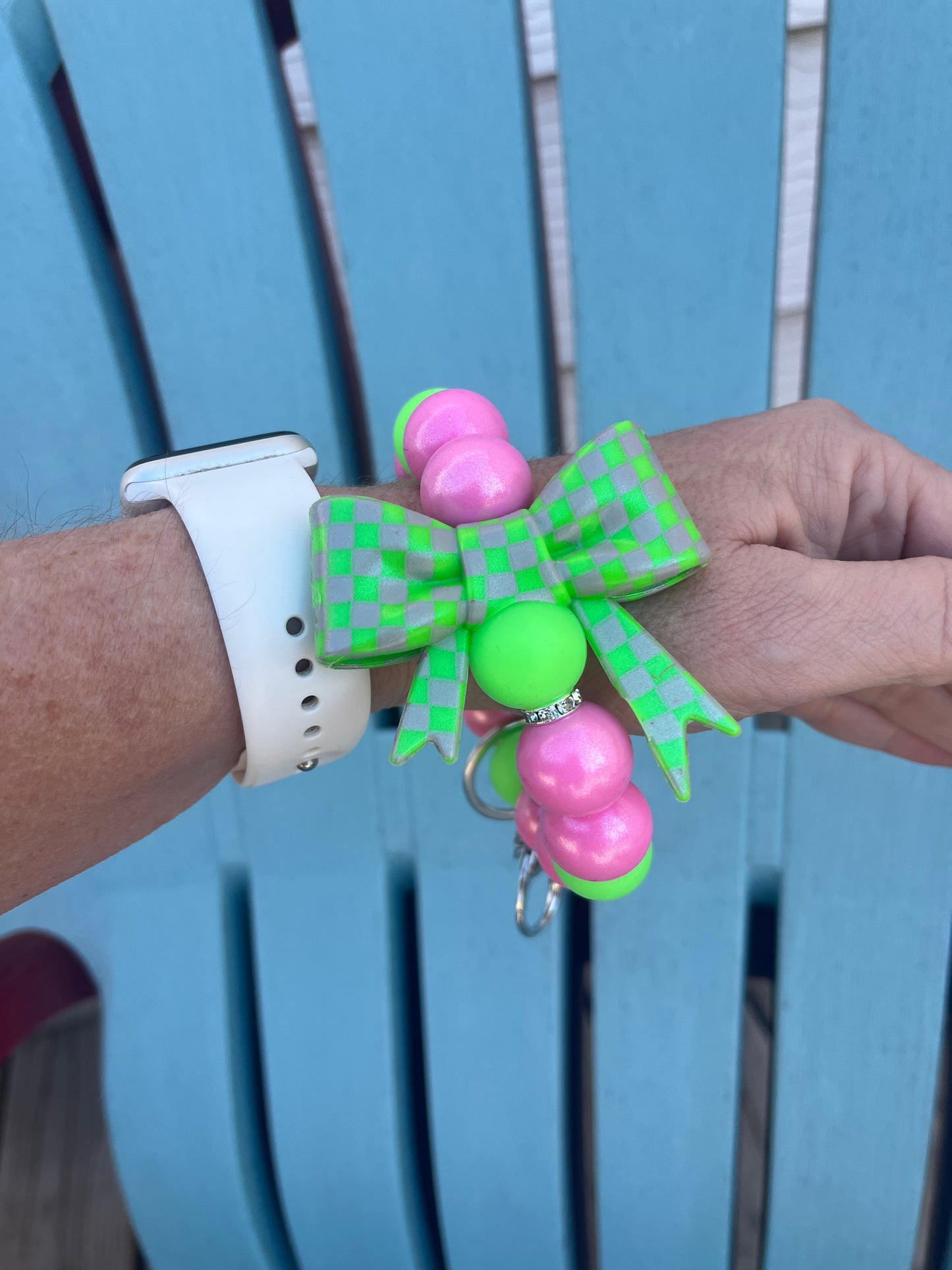 Pink & Green Check Bow 19mm Wristlet Keychain