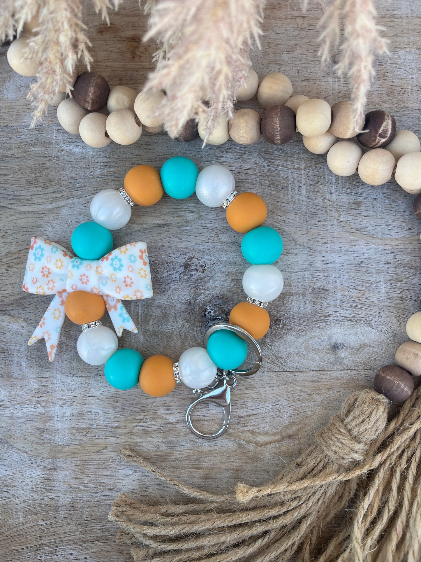 Apricot Flowers Bow 19mm Wristlet Keychain