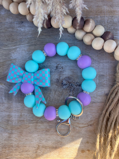 Ice Blue & Purple Check Bow 19mm Wristlet Keychain
