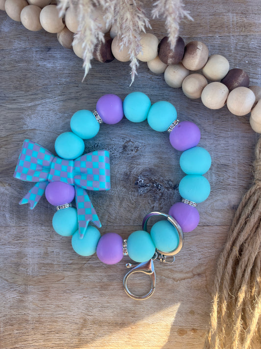 Ice Blue & Purple Check Bow 19mm Wristlet Keychain