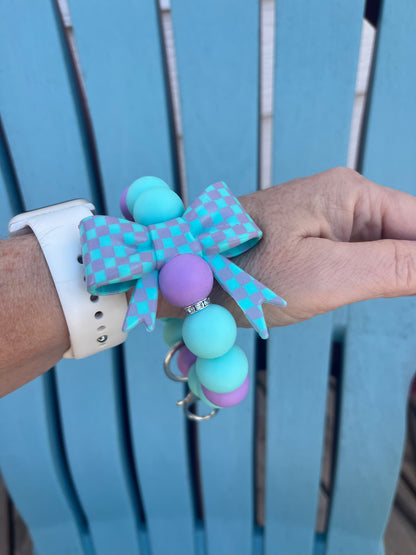 Ice Blue & Purple Check Bow 19mm Wristlet Keychain