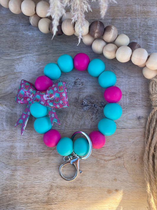 Pickle Fuschia & Turquoise Bow 19mm Wristlet Keychain