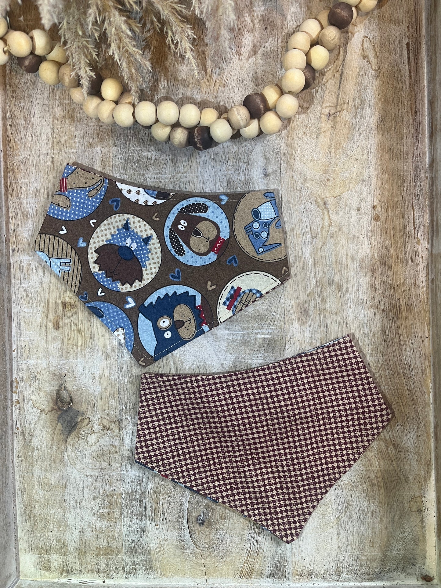Brown Gingham & Blue Dogs Reversible Dog Bandana