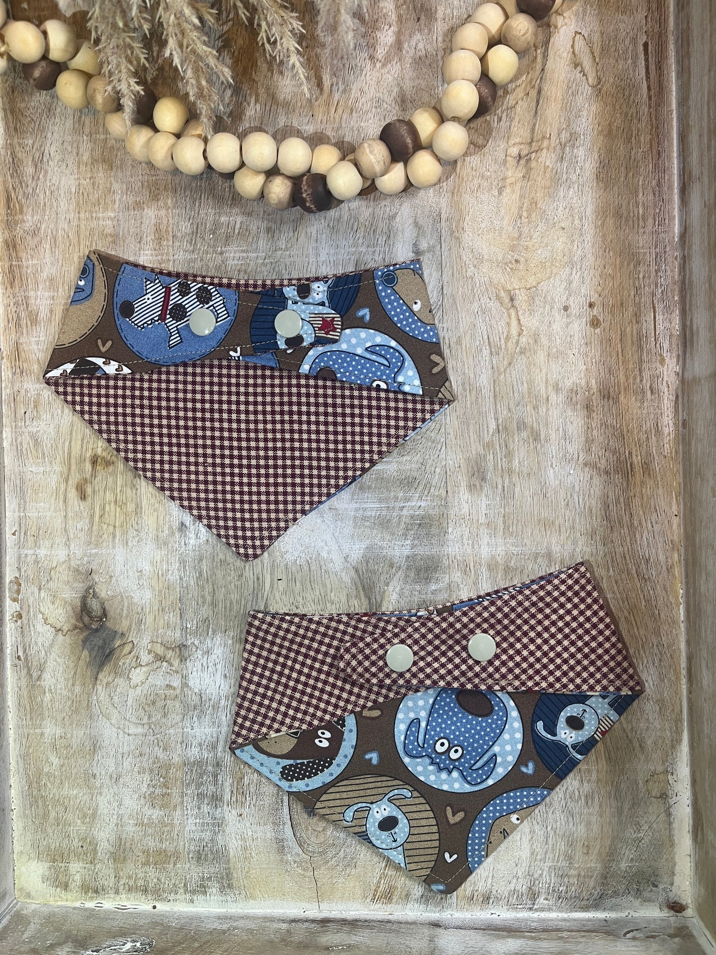 Brown Gingham & Blue Dogs Reversible Dog Bandana
