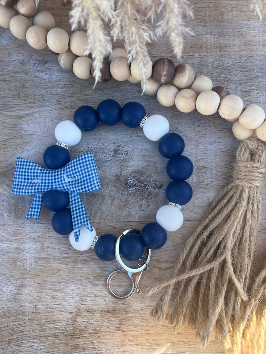 Navy & White Bow 19mm Wristlet Keychain