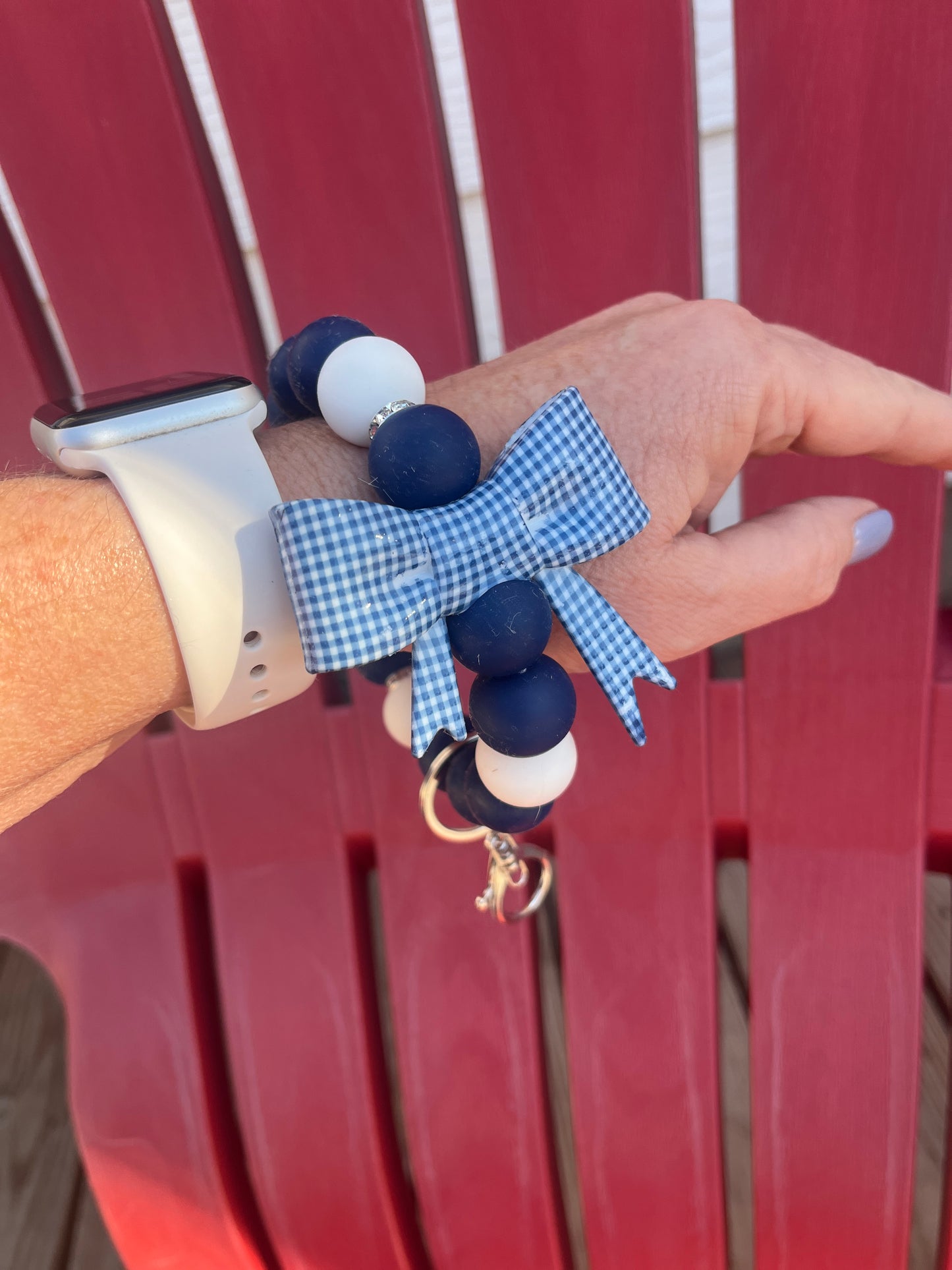 Navy & White Bow 19mm Wristlet Keychain