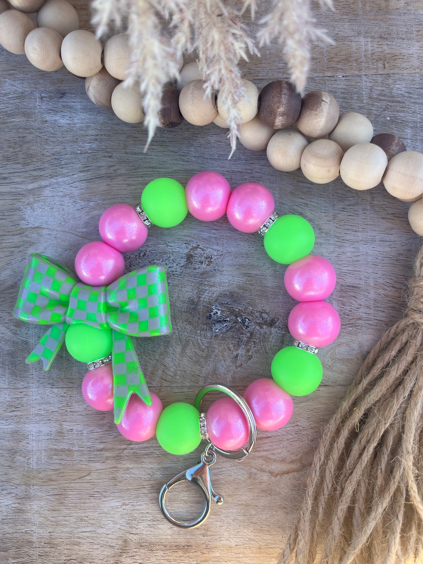 Pink & Green Check Bow 19mm Wristlet Keychain